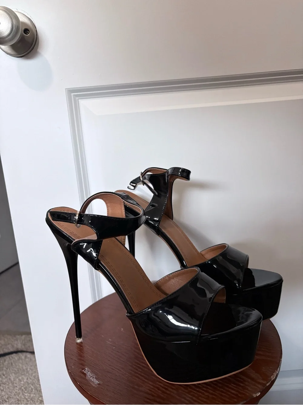 Women's Black Patent Platform Stiletto Sandals with Ankle Strap